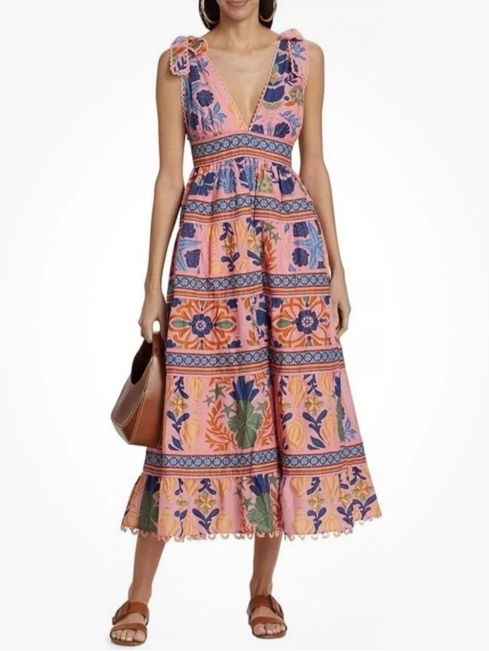 NEW Farm Rio Women’s Seashell Tapestry Pink Midi Dress Small Boho V-Neck Beach